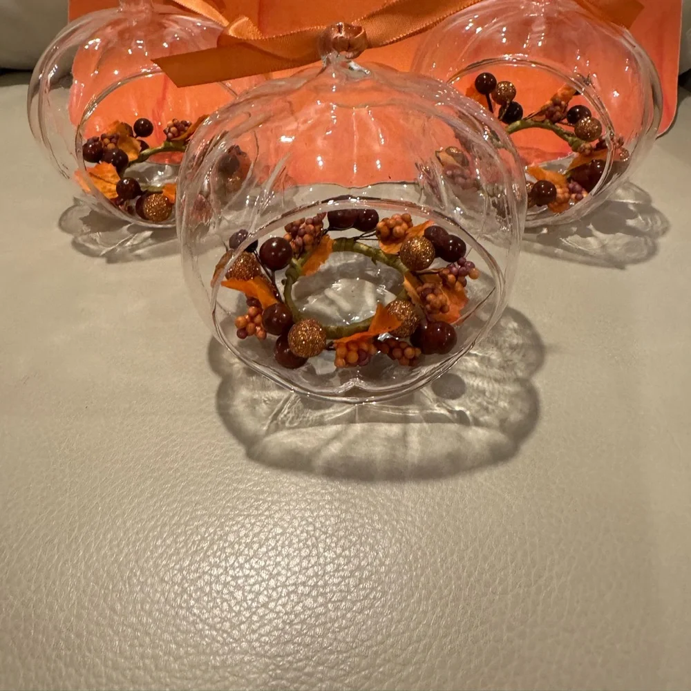3 Glass Pumpkin Candle Displays by Luminara with Autumn garland and orange bows - Picture 2 of 5